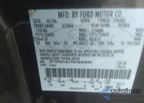 2006 Ford F-150 Xlt/Lariat/Fx4 из США, поврежденный, VIN 1FTPW14V76FB40559